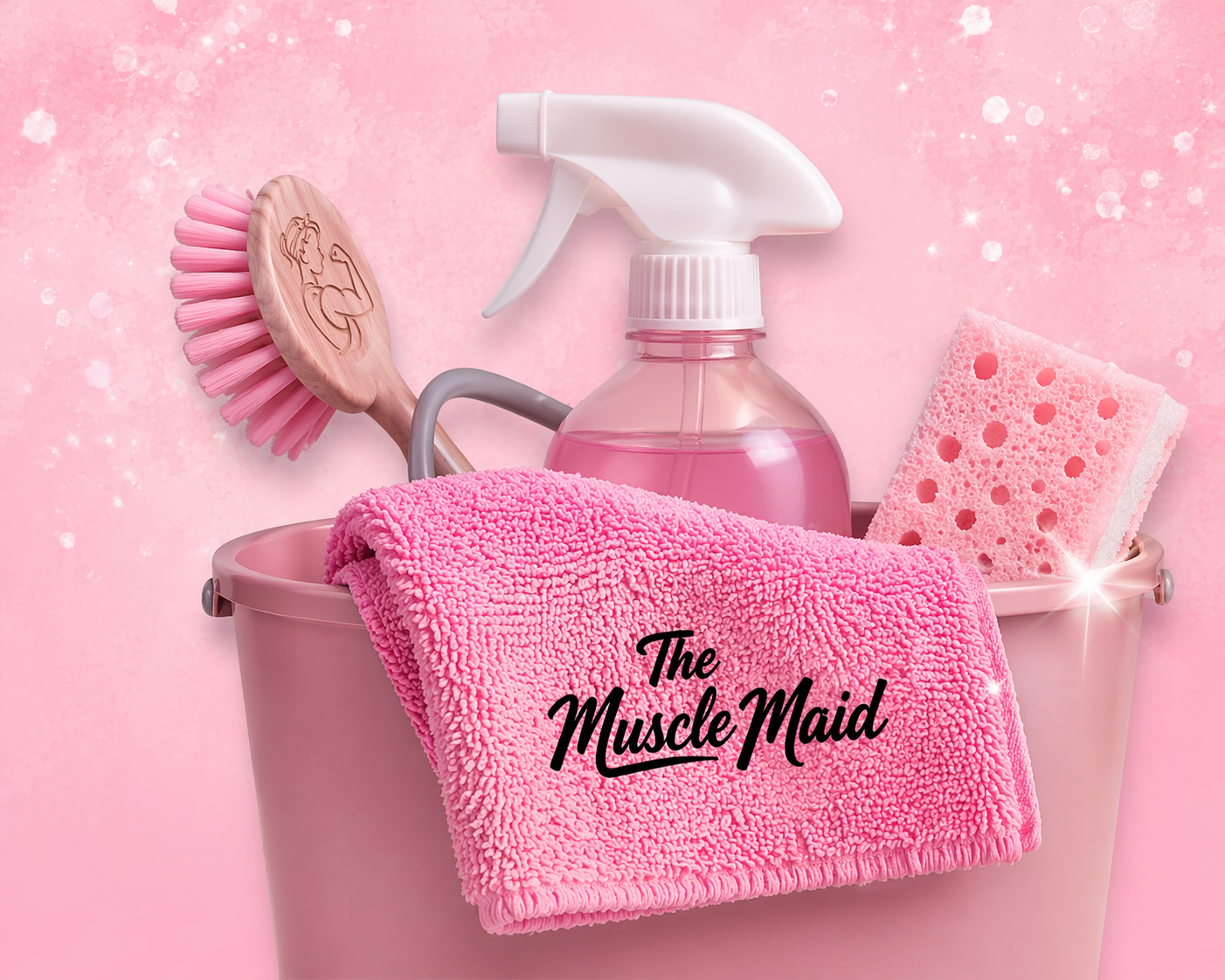 Pink cleaning bucket with The Muscle Maid towel, brush, spray bottle, and sponge
